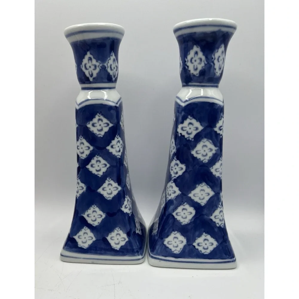 Pair Ceramic Silvestri Cobalt Blue White Taper Candle Holders 8